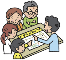 ハザードマップを家族で見るイラスト