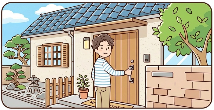 家に鍵をかけたことを確認している男性のイラスト