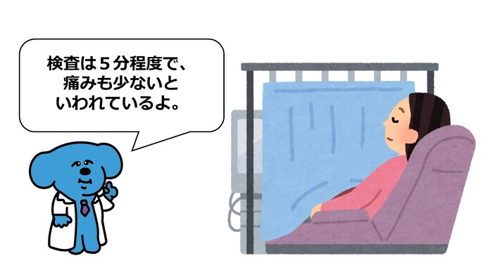 子宮頸がん検診を受けている女性のイラスト 検査は5分程度で痛みもほとんどないと言われています。