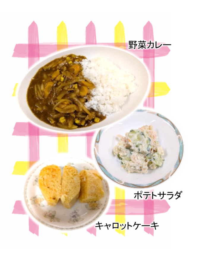 防災食（カレー・ポテトサラダ・キャロットケーキ）の写真