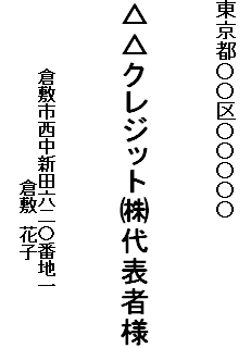 東京都○○区○○ △クレジット(株)代表者様　倉敷市西中新田六二〇番地一　倉敷　花子