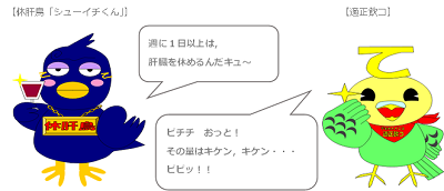 休肝鳥と適正飲コが休肝日をもうけることや適正な飲酒量をすすめるイラスト